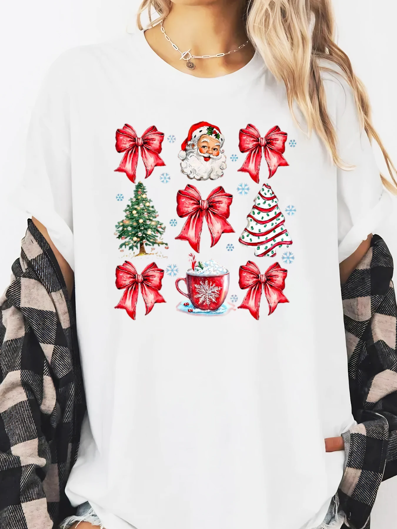 크리스마스 산타 트리 보우 머그 프린트 홀리데이 긴팔 티셔츠 여성 캐주얼웨어 화이트 플러스 사이즈