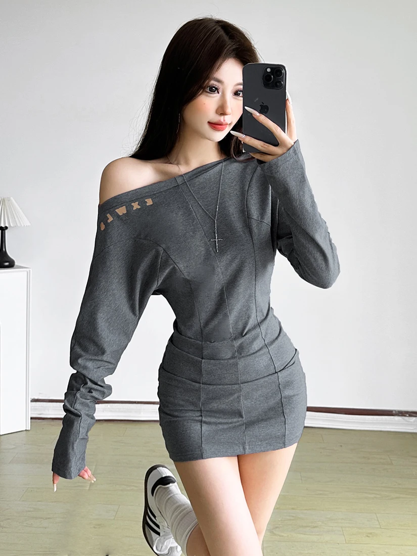 

Женское платье-футболка с открытыми плечами и длинными рукавами в стиле ретро, серое сексуальное тонкое облегающее платье миди, осеннее повседневное универсальное офисное платье