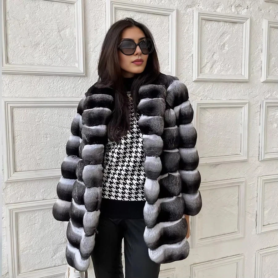Ladies Clothes Real Rex Rabbit Furs Coat Winter Natural Rabbit Fur Jacket Luxury Chinchilla Fur Coat