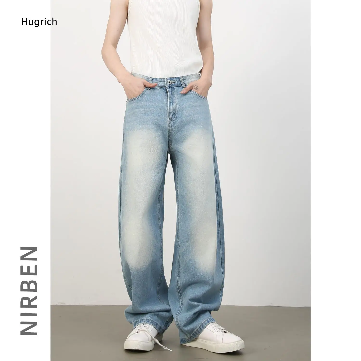 Men Vintage Yellow Faded Baggy Barrel Jeans Gradient Whisker Wash Loose Wide Leg Streetwear Denim Pants