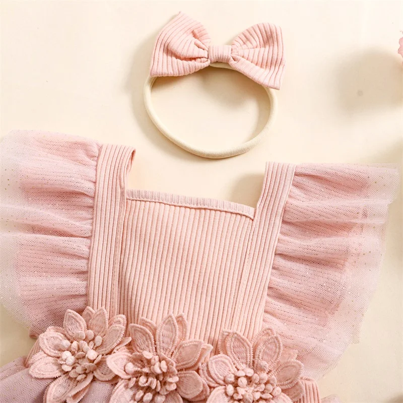 

Baby Girl 2Pcs Summer Outfits Ruffle Sleeveless Tie Knot Back Mesh Romper with Headband Set Girls Lace Bodysuits Clothes