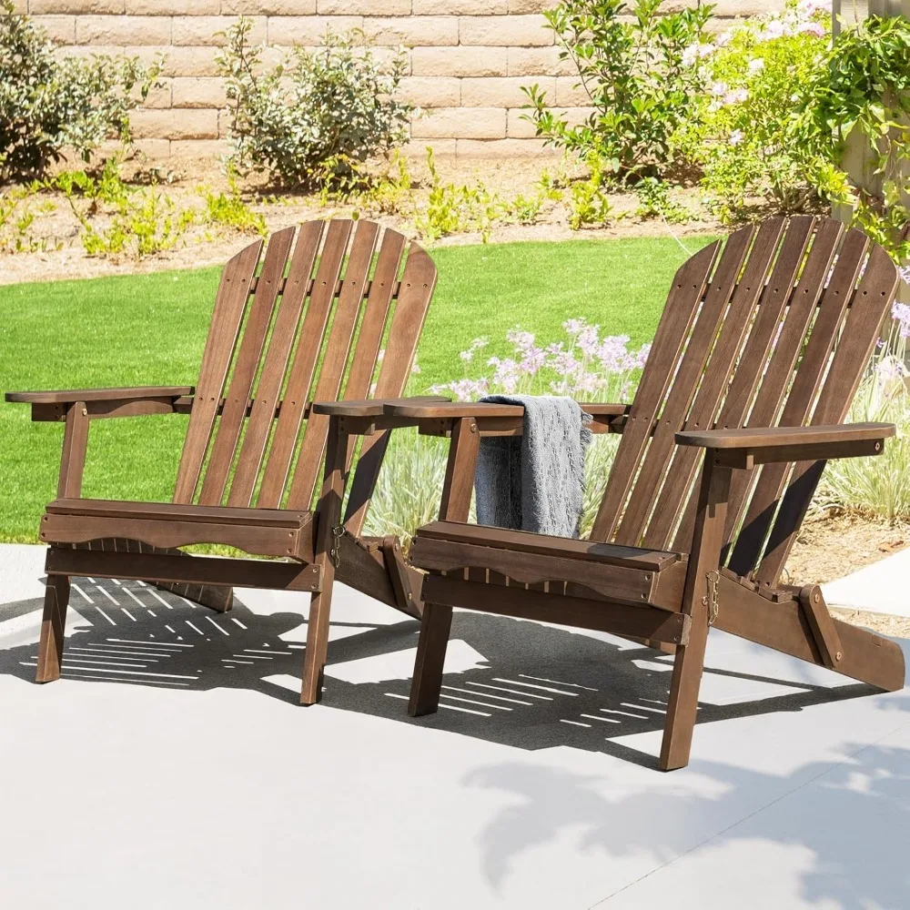 Outdoor Wooden Folding Adirondack Chair Set of 2 with Pre-Assembled BackRest, Wood Patio Chair