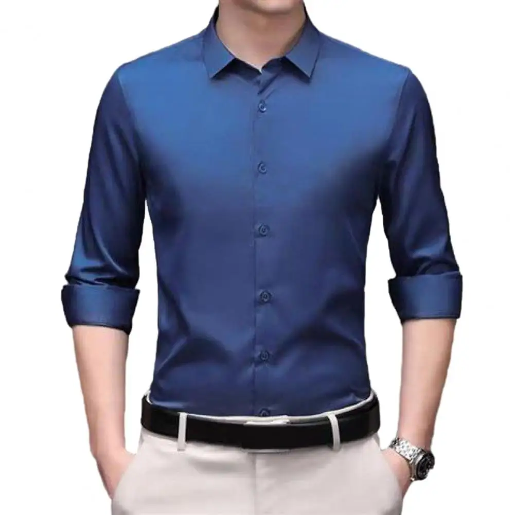 Camisa de manga larga para hombre, vestido de negocios fino, seda de hielo, resistente a las arrugas, cuello de Color sólido sin planchado,