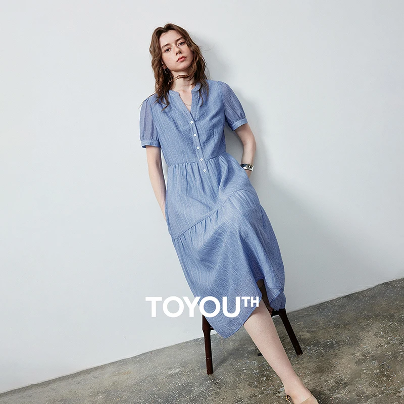 TOYOUTH Vestido Largo de Verano 2026 para Mujer, Estilo Tie Dye, Cuello en V, Cintura Alta, Diseño de Parches, Escalonado, Fluido y Estilizador, Color Azul Niebla