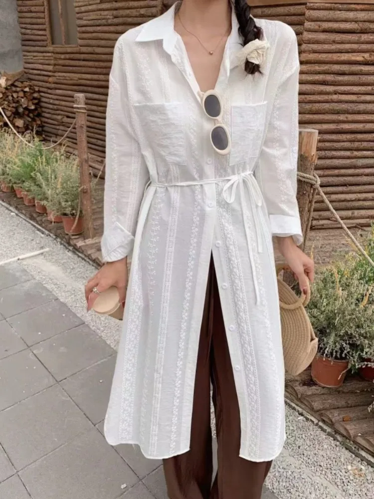 เยซซี่ผู้หญิงปักเสื้อเชิ้ต 2025 ใหม่แขนยาวหลวมกระดุมสบายๆวันหยุดโบโฮสไตล์มิดิเดรส