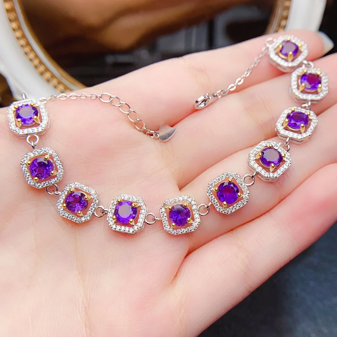 

Fashion 5mm Natural Amethyst Bracelet Real S925 Sterling Silver Certificate Fine Simple Design Charm Trend Jewelry for Women FS