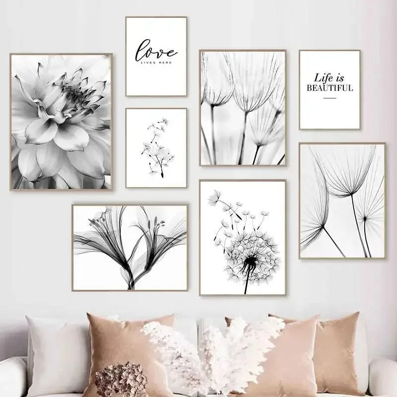 Nordischer minimalistischer schwarz-weißer Löwenzahn-Blüten-Diamantdruck, modernes Wandbild für Wohnzimmer-Dekoration.
