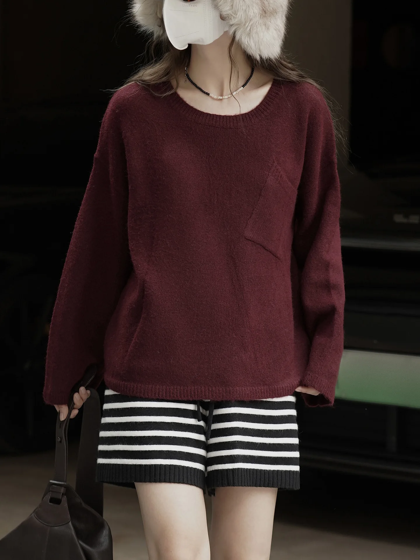 Suéter de lana corto con bolsillo de un solo lado, sencillo y perezoso, top suelto y agradable para la piel para mujer