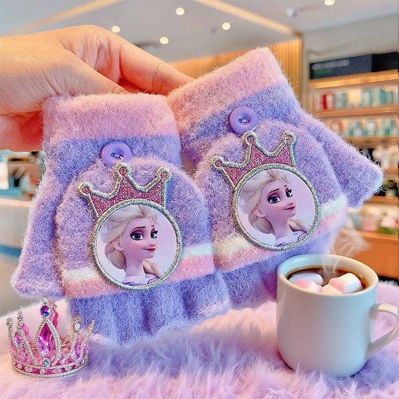 1-8psc Frozen Kinderhandschuhe Herbst/Winter-Kollektion Mädchen Flip-Top Halbfingerhandschuhe Elsa Princess Kältebeständig für Mädchen