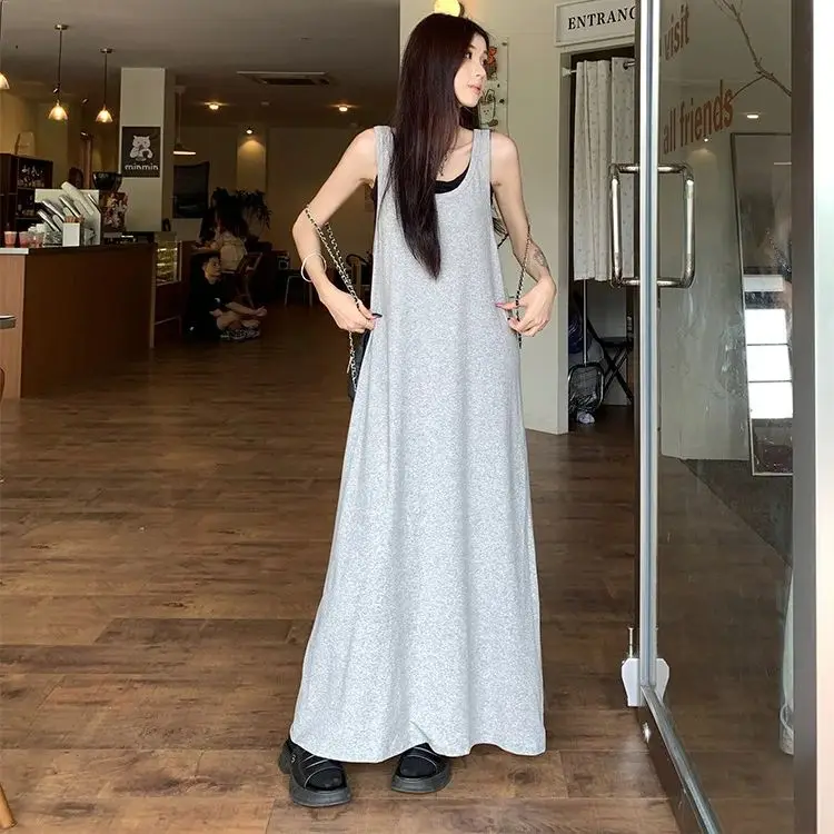 Vestido de colete sem mangas feminino, vestido longo casual monocromático simples em linha a, design básico, 2 peças falsas, verão, 2024