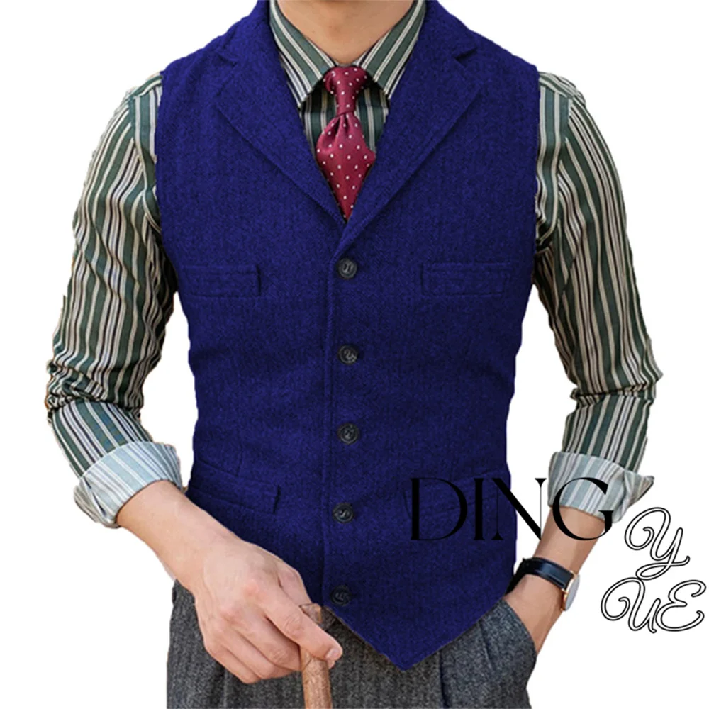 Herringbone setelan rompi pria kerah V 5 kancing wol rompi pria Jaket 3 kantong kasual Formal bisnis chaleco hombre