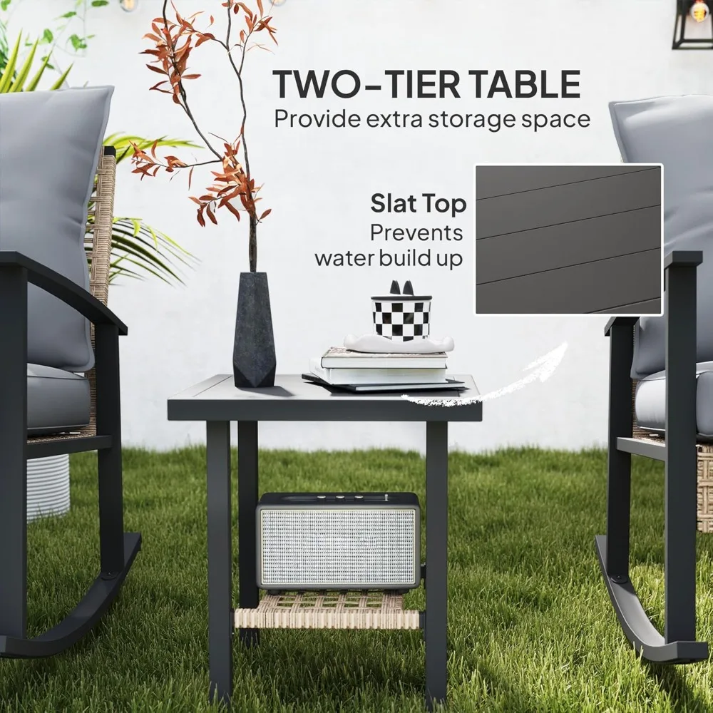 

3 Pieces Rocking Wicker Outdoor Bistro Set, Rattan Patio Furniture Set with Coffee Table and Porch Chairs, Button, Customized