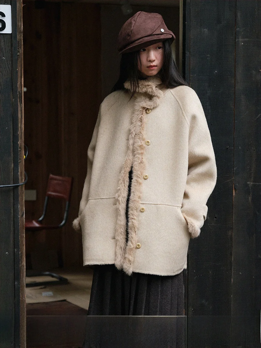 

Двустороннее шерстяное пальто женское с воротником-стойкой, теплая верхняя одежда, французский стиль, свободный крой, удлиненное, средней длины, женская куртка