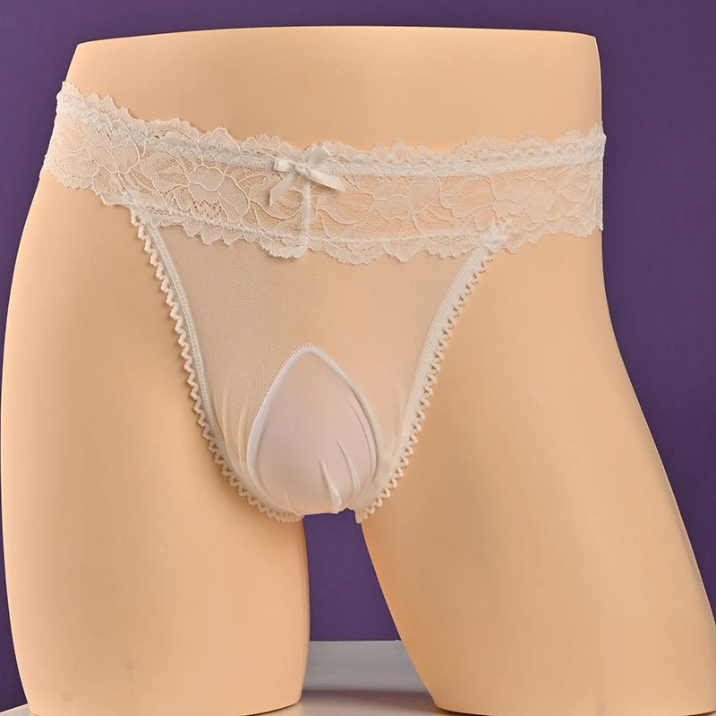Mens Underwear Sexy Lace Hollow Thong Breathable Low Rise Transparent Briefs Lingerie Sheer Thong G-String Sissy Pouch Panties image 2