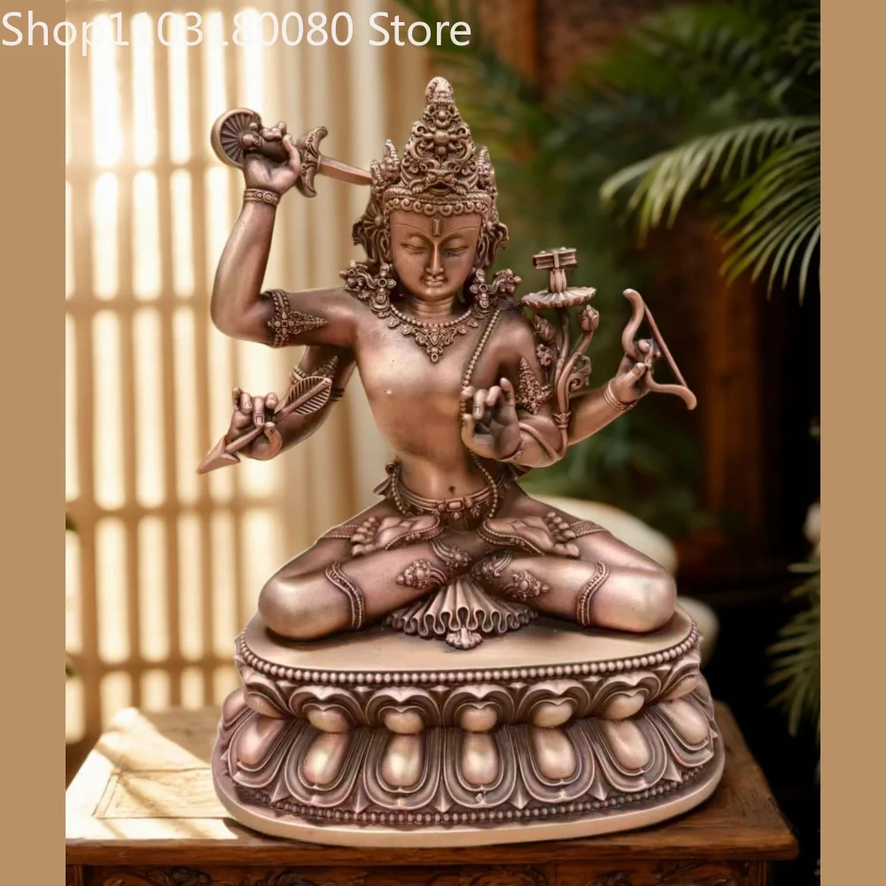 15cm Red Copper Hand Carved Four Armed Manjushri Statue Malla Style Tibetan Manjusri Altar Decor