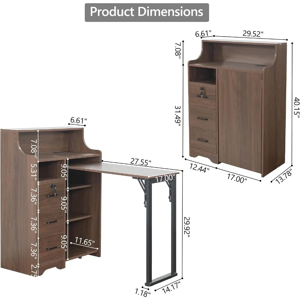 Fold Out Desk with Storage, Lockable Drawers, Shelves and Power Outlet, Walnut