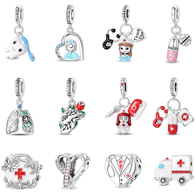 S925 Silver Plated Nurse Medical Kit Ambulance Charms Beads Fit Original Bracelets Necklace Fine DIY Jewelry Gifts