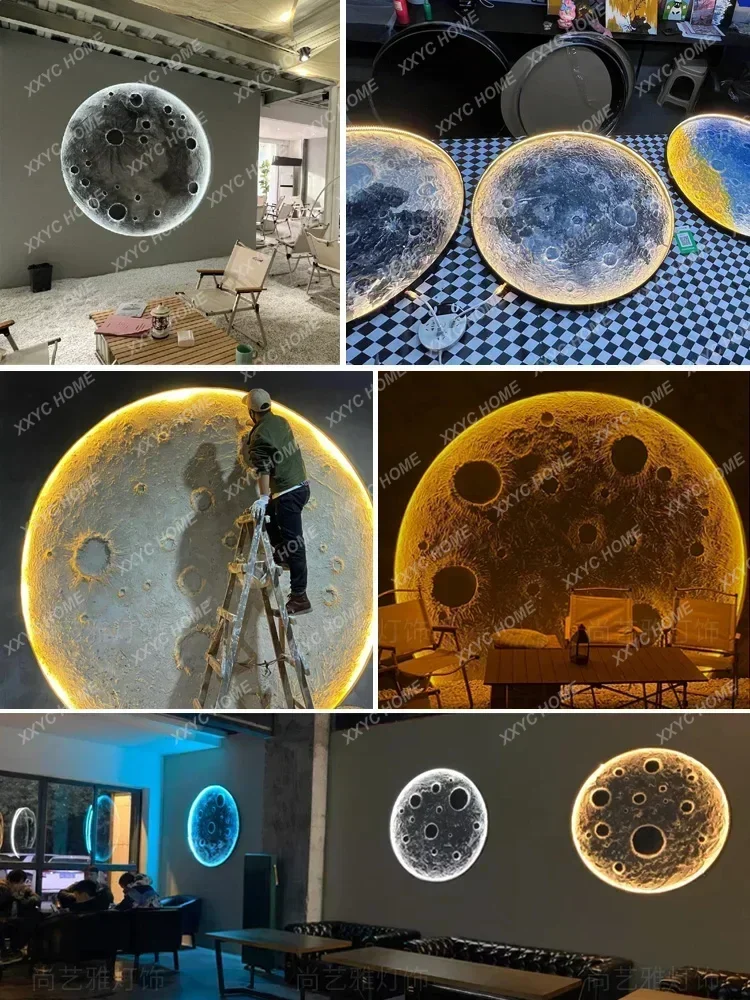 HHEmbossed Moon Light Wall Lamp Internet Celebrity Camping Restaurant Bar Background Wall Decoration Round Moon Wall Painting La