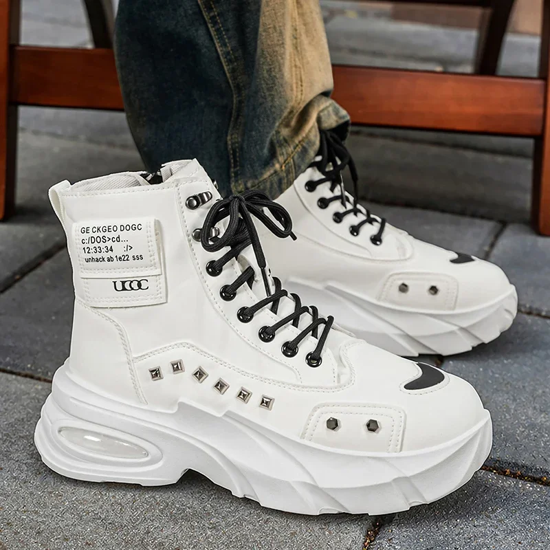 Boots for Man Fashion Men Motorcycle Shoes Rivet Leather Design Luxury Shoes Gothic Black Street Hip Hop Punk Rock Ankle Boots