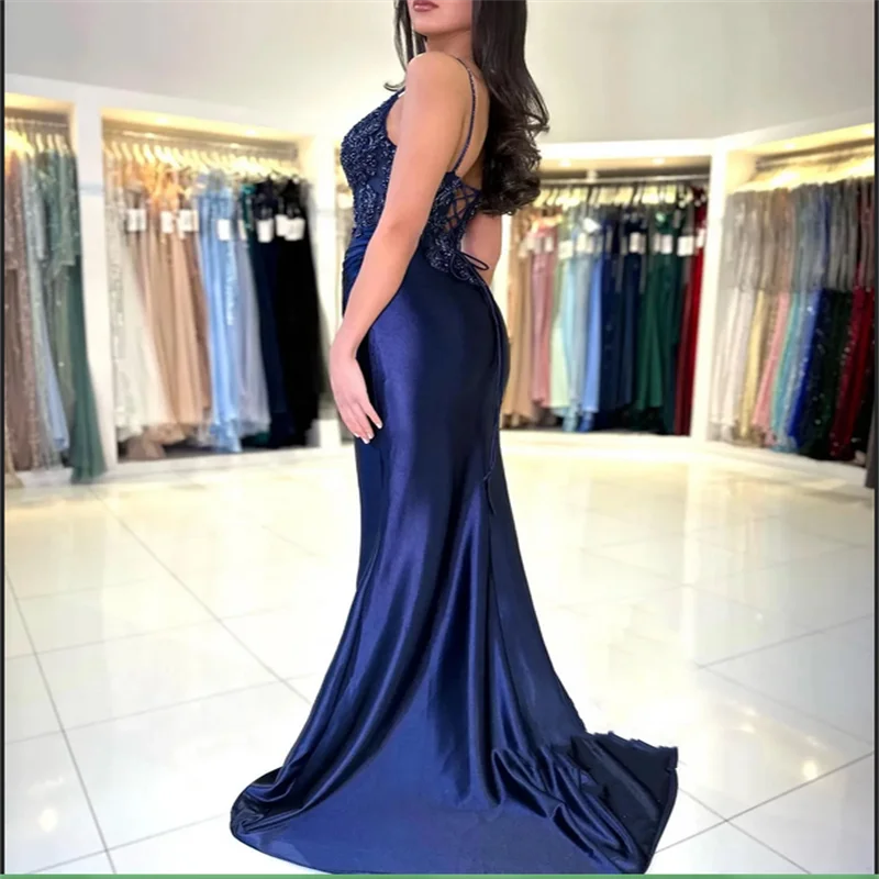 الأزرق الداكن مساء اللباس المرأة الدانتيل زين الطابق طول الحمالات الزفاف الرسمي طويل ضيق مثير فستاين سهرة/فساتين الحفلات حزب مهرجان اللباس