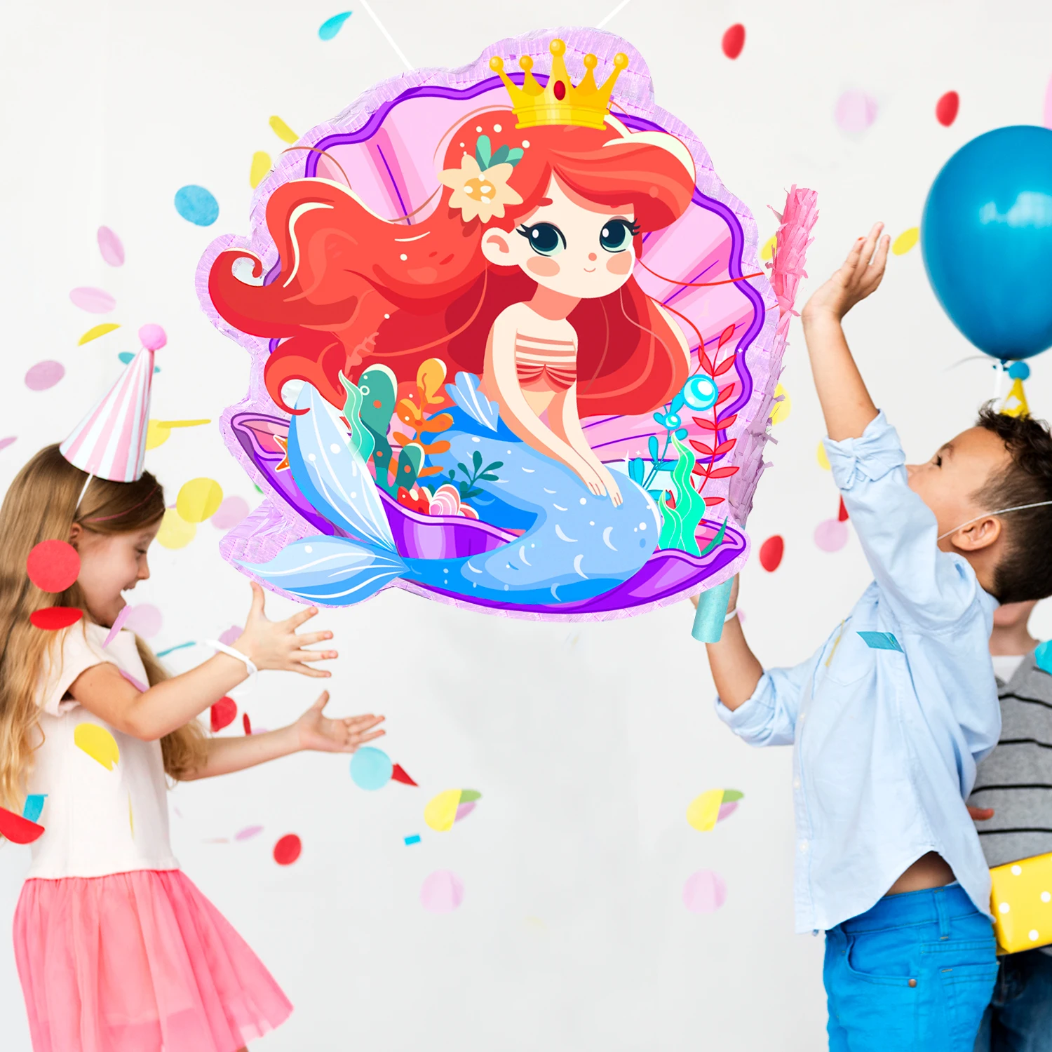 Piñata de sirena, juego de piñata de fiesta de sirena de 13,6 pulgadas, palo grande con venda para los ojos, etc., suministros de fiesta de cumpleaños de sirena para niños
