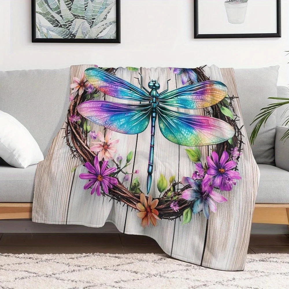 Rustic Wooden Wreath Brown Throw Blanket with Vibrant Dragonfly & Floral Design Throw for Couch, Sofa, Bed, or Air Conditioning