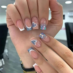 Press on nail 24pcs Blue Glitter French Tip Heart Press on Nails Medium Square Fake Nails Glossy Gradient False Nails with Rhine