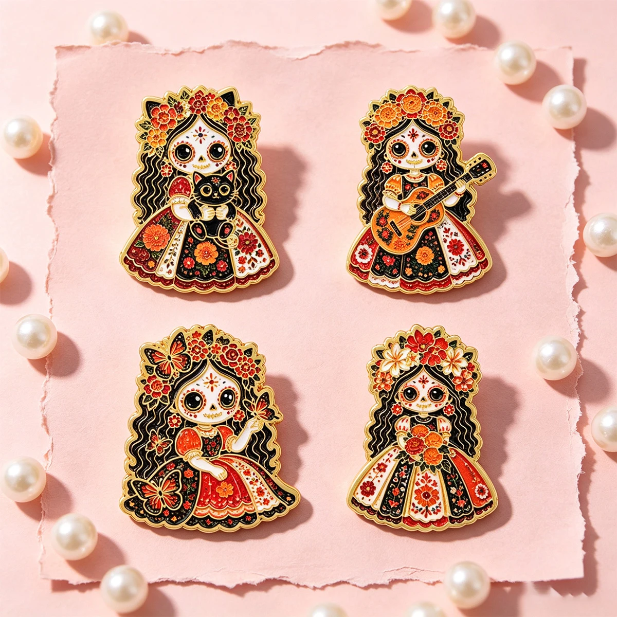 4pcs Mexican Day of the Dead Enamel Pin Cartoon Skeleton Girl Brooch For Coat Lapel Pins Metal Badges Jewelry Holiday Gift