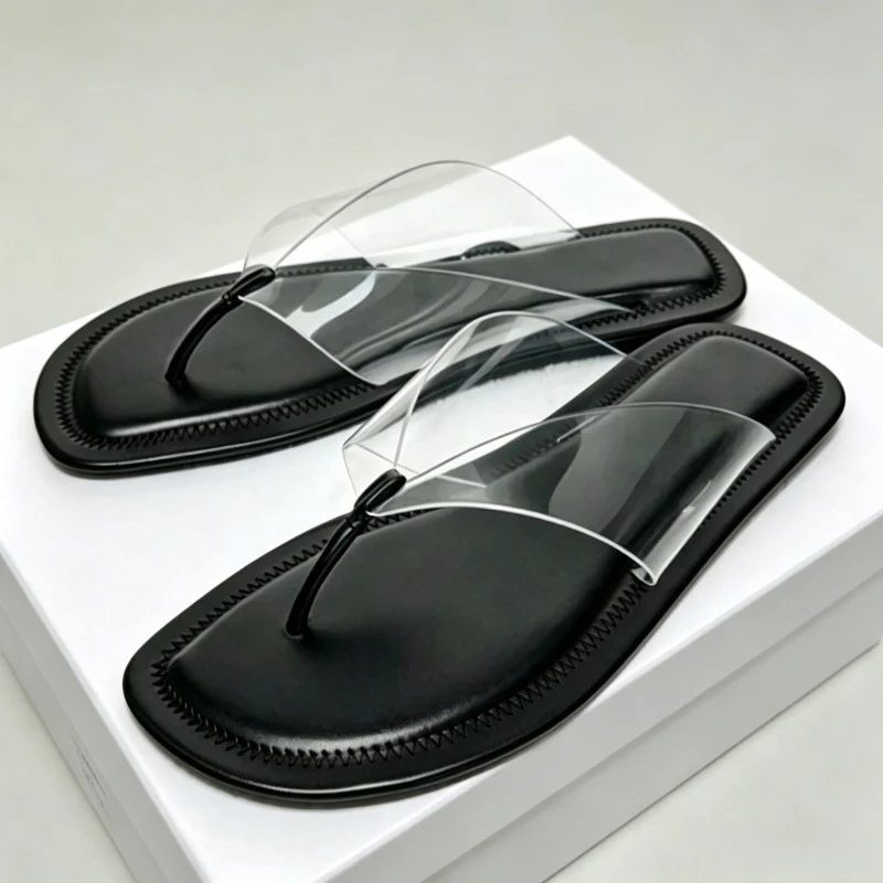 

PVC Transparens Flats Women Flip Flops Comfortable Non-slip Clip Toe Slippers Ladies Casual Slides Round Toe Summer Beach Shoes
