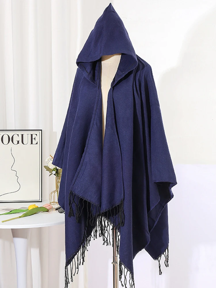 

Новый зимний универсальный шарф-пончо с капюшоном для женщин и мужчин, однотонный, с бахромой, палантин, пашмина, накидка, унисекс