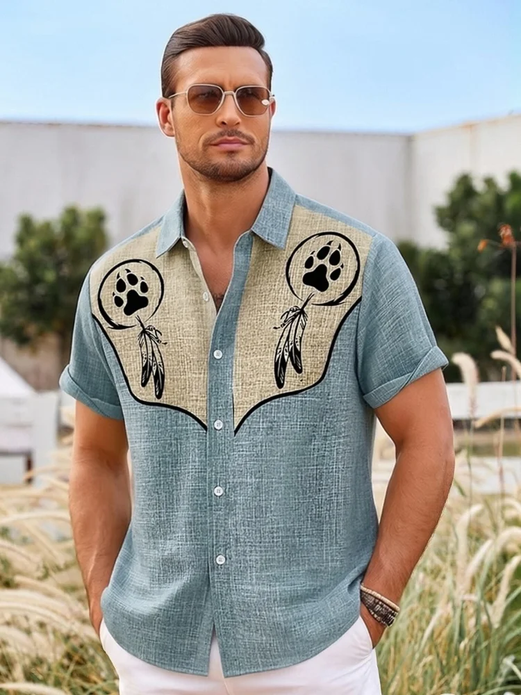 

Men's Linen Short Sleeve Shirt Retro Vintage Ethnic Western Style Turn-Down Collar Tunics 2026 Spring Summer Outdoor Work Tops