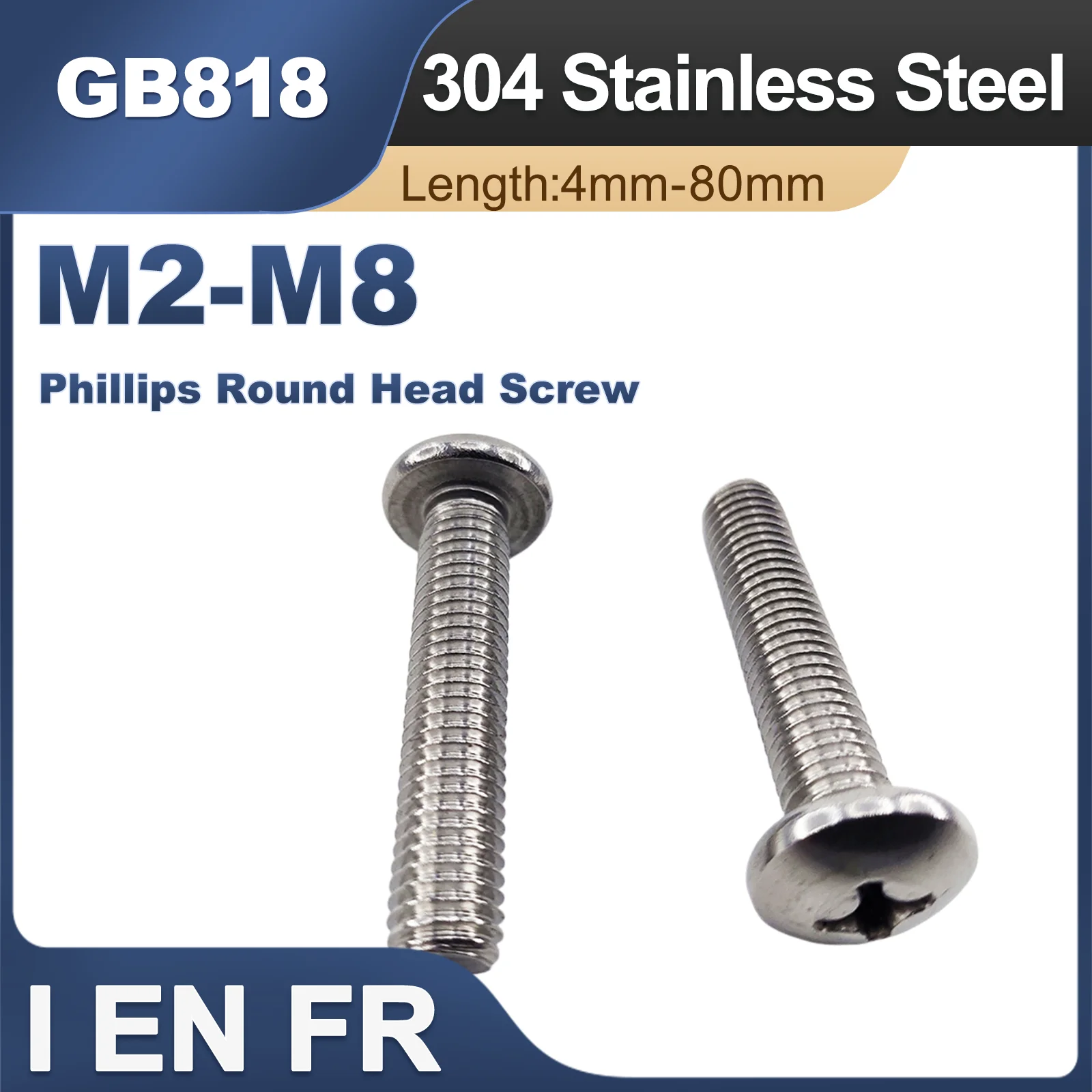 2/50X M1.6 M2 M3 M3.5 M4 M5 M6 M8 GB818-85 304 Stainless Steel Cross Phillips Pan Round Head Lengthen Screw Bolt Length=3-100mm