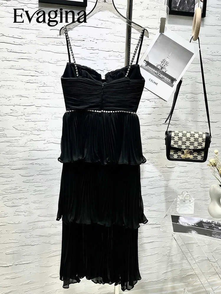 Evagina Spring/Summer Polyester Elegant Sexy Diamond Decorated High-Waisted Slim Pleated Black Suspenders Dress