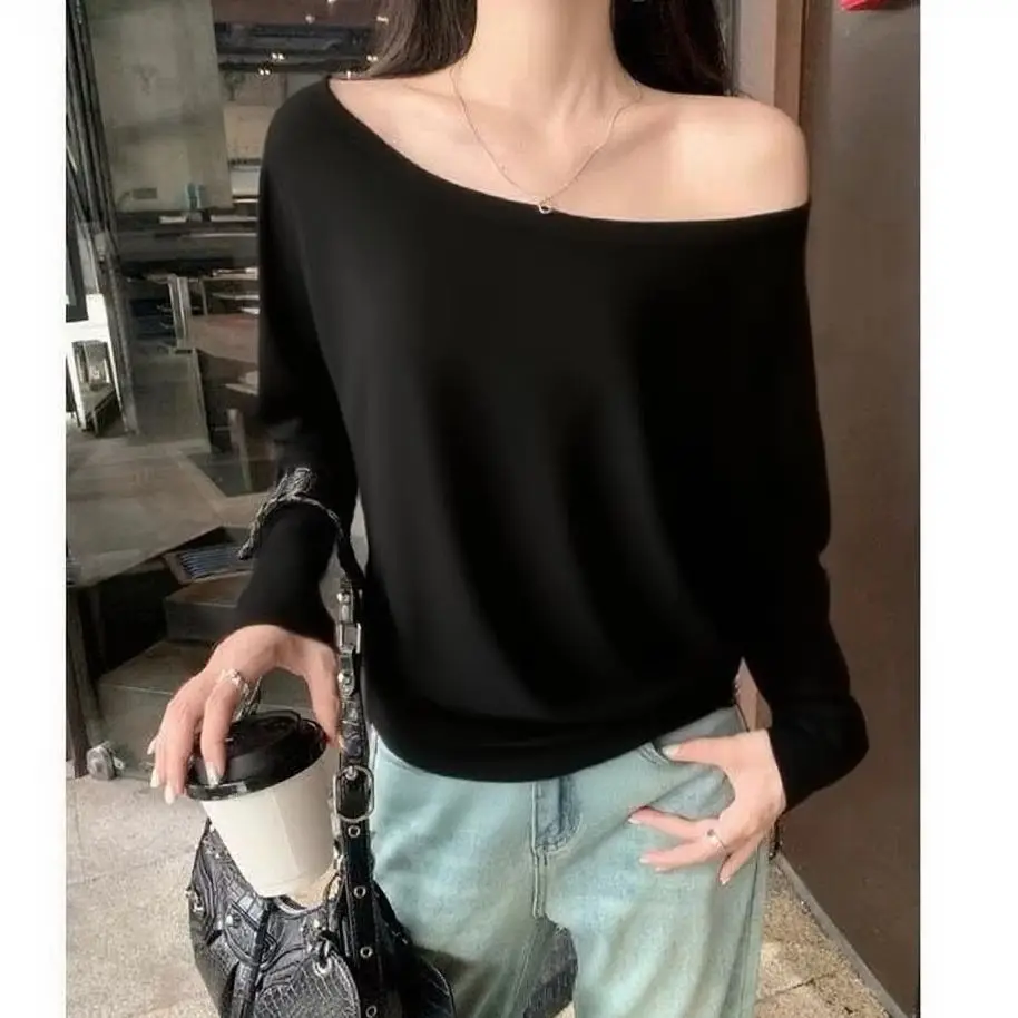 Women Off Shoulder Long Sleeve Tops Solid Oversized Tees Korean Streetwear Casual Blouses Spring Autumn Basic Daily Under Shirts