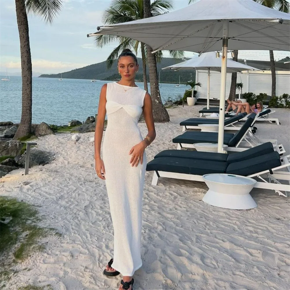 Weiß gestrickt langes Kleid Frauen sexy durch schlanke Strand kleid Sommer elegante Mode ärmellose Urlaub Outfits 2024 rosa