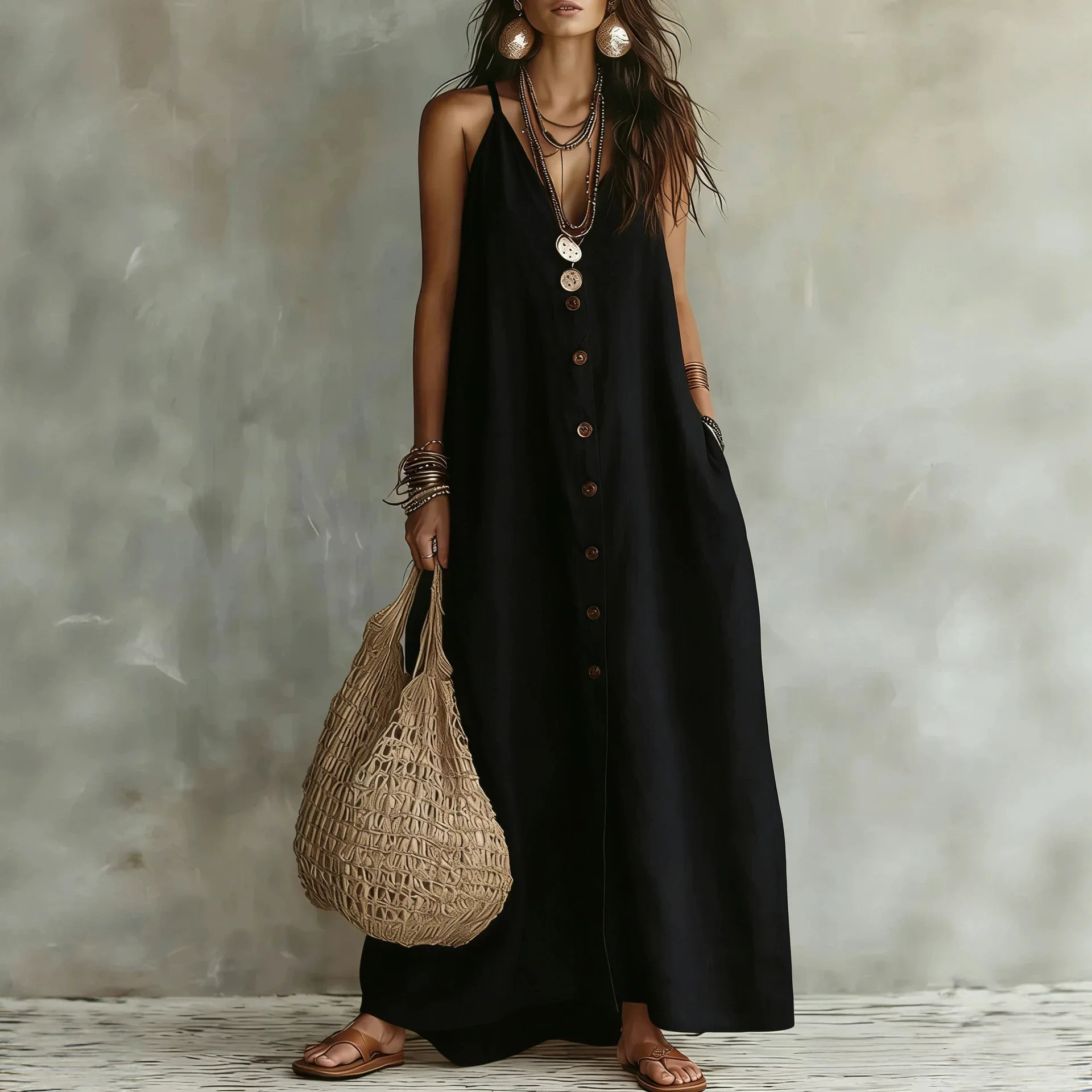 Women's Plain Button Casual Linen Cotton Maxi Dress Spring Summer Linen Dresses