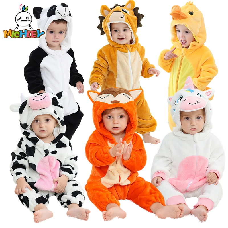 

MICHLEY Baby Rompers Winter Clothes Costume Flannel Hooded Bodysuits Pajamas Halloween Animals Overall Jumpsuit For Kids Bebe