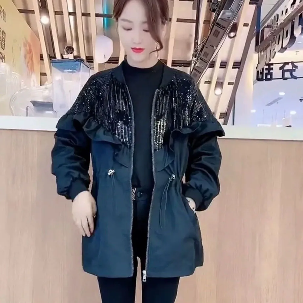 Fashion Sequined Trench Coat For Women 2026 Spring Autumn Outwear Korean Version Loose Waist Windbreaker Coat