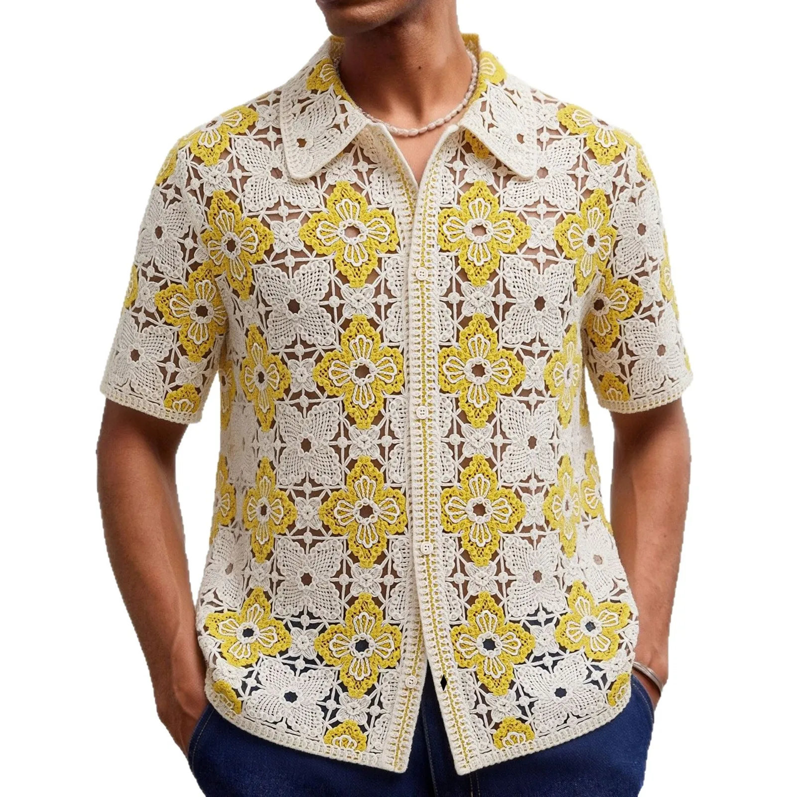 Fashionable men's flower hollowed out hook flower short sleeved knitted sweater, lapel cardigan, casual polo shirt, men's top
