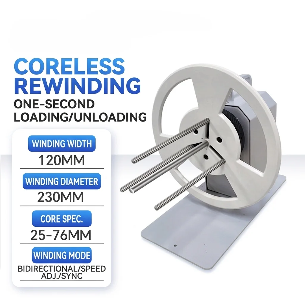 Automatic Label Rewinder 120mm Width Bidirectional Winding Machine Supports 25-76mm Core or Coreless for Barcode Printer Tags