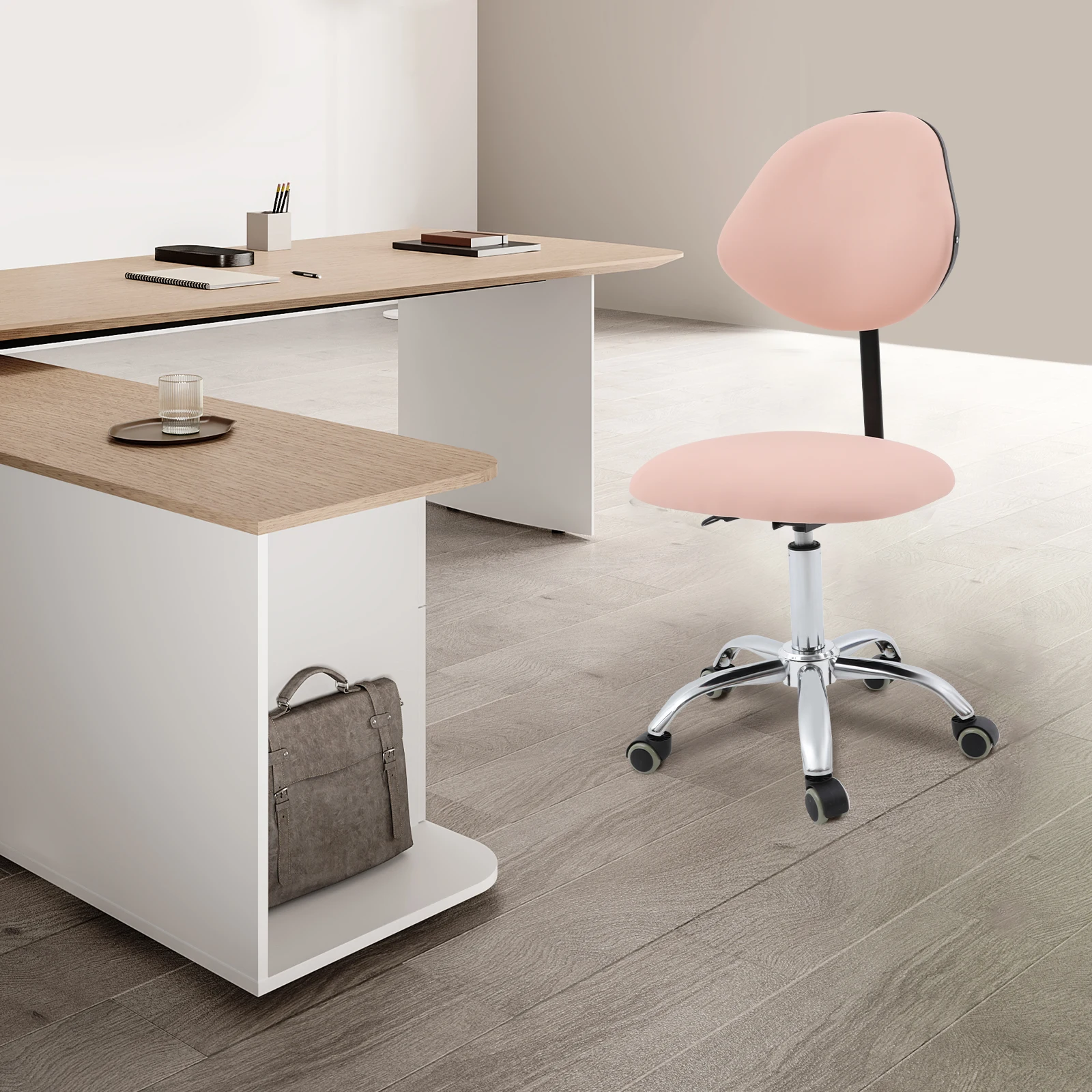 

Pink Iron PU 43*40cm Beauty Lifting Swivel Chair Five Wheels Height Adjustable Backrest Lifting Stool