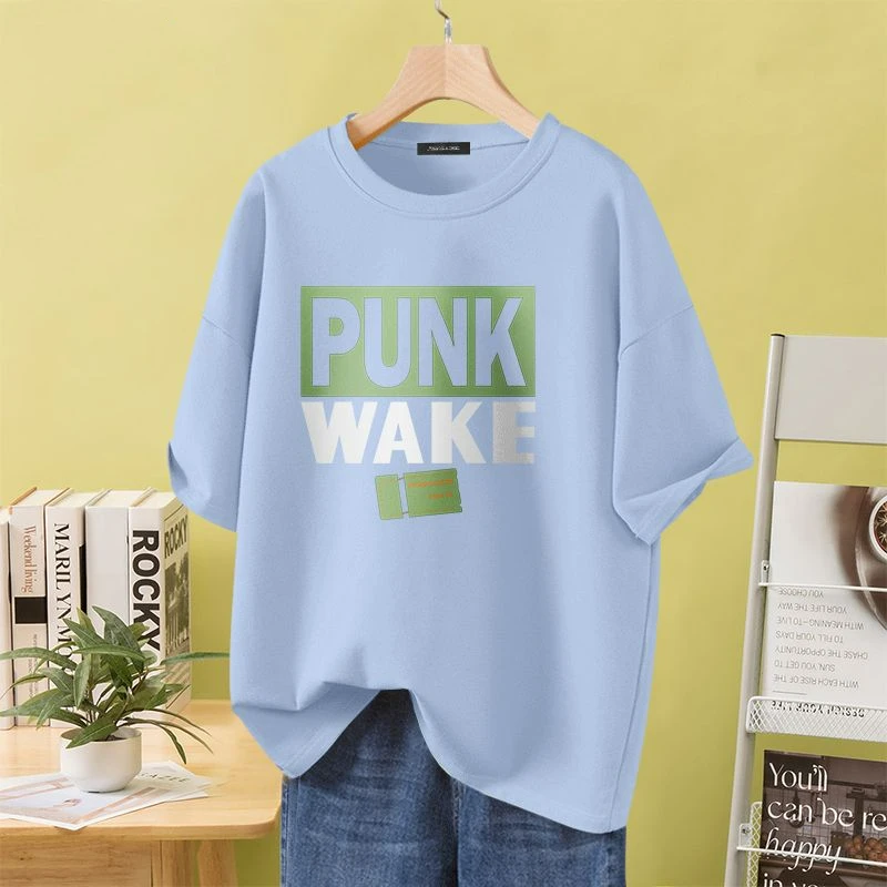 Women Clothing Vintage Letter Printed Cotton Pullovers, Summer Loose Casual O-neck Short Sleeve Top Tee, Fashion Basic T-shirt