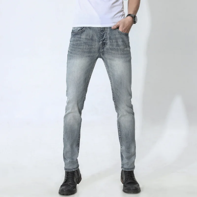 

JXN602 European high-end jeans men 2025 new trend Slim small feet men's elastic denim long trousers