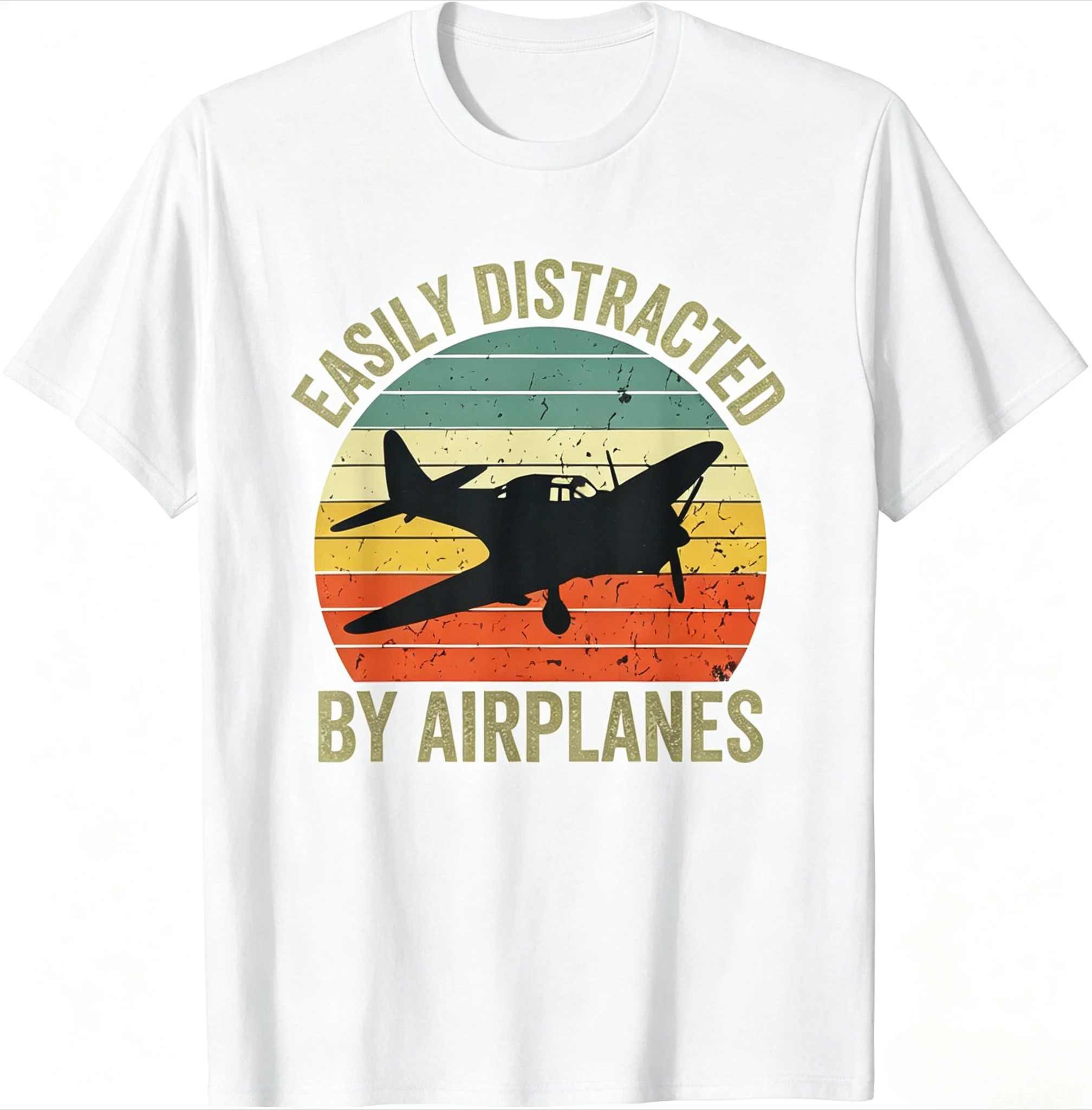 Easily Distracted By Airplanes Print T Shirt Men Classic Warplane Graphic Crew Neck Short Sleeve Cotton Aviation Lover Tee Tops