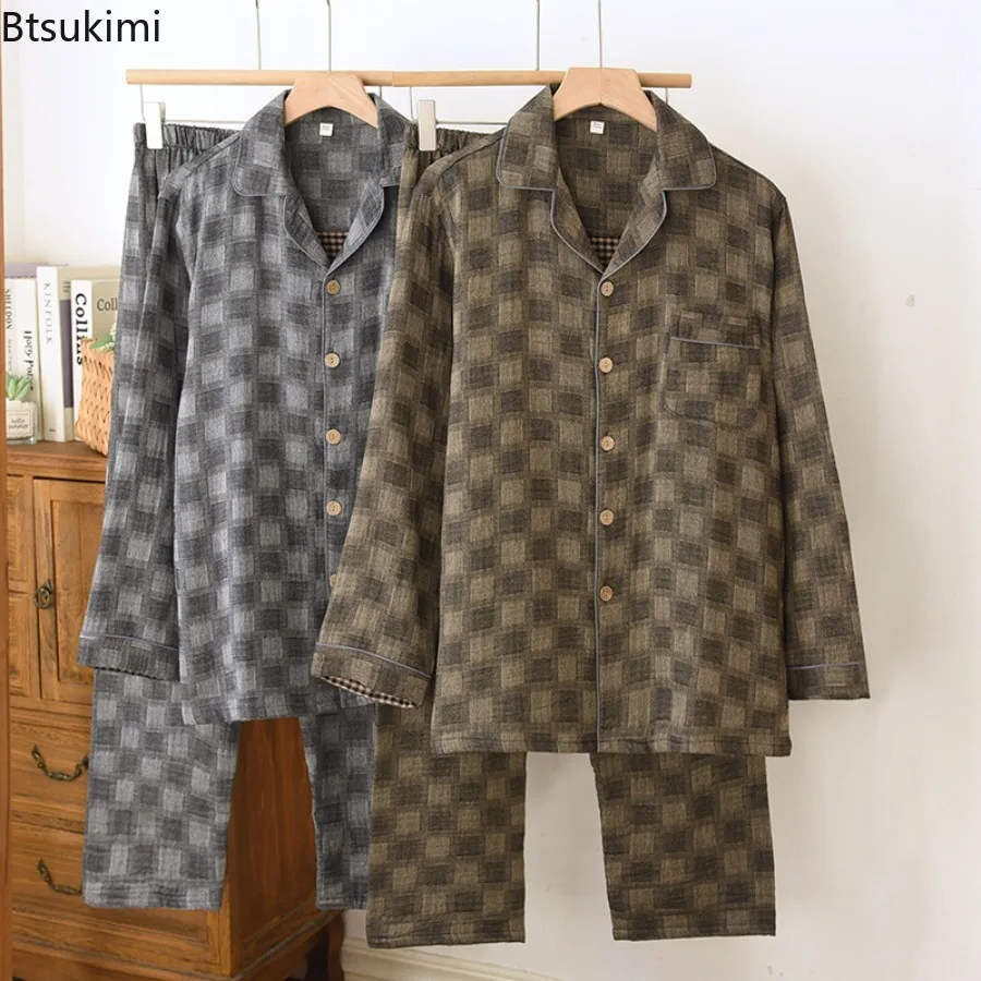 New 2026 Men's Spring and Autumn Pure Cotton Middle Aged Elderly Long Sleeved Cotton Cardigan Checkered Plaid Men's Home Clothes