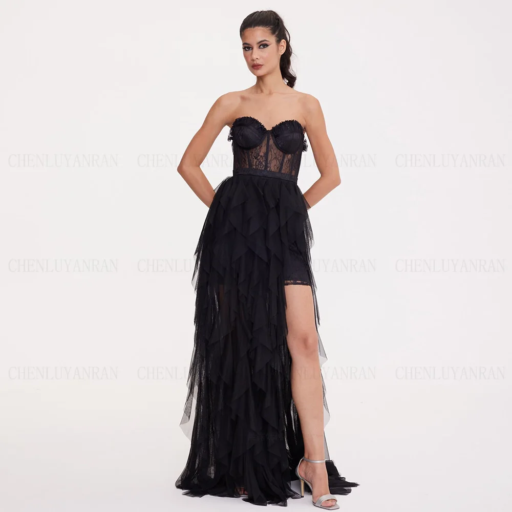 

Sweetheart Black Evening Dresses 2024 Sleeveless Side Split Sexy Prom Gowns Illusion Lace Tulle Long Elegant Formal Party Dress