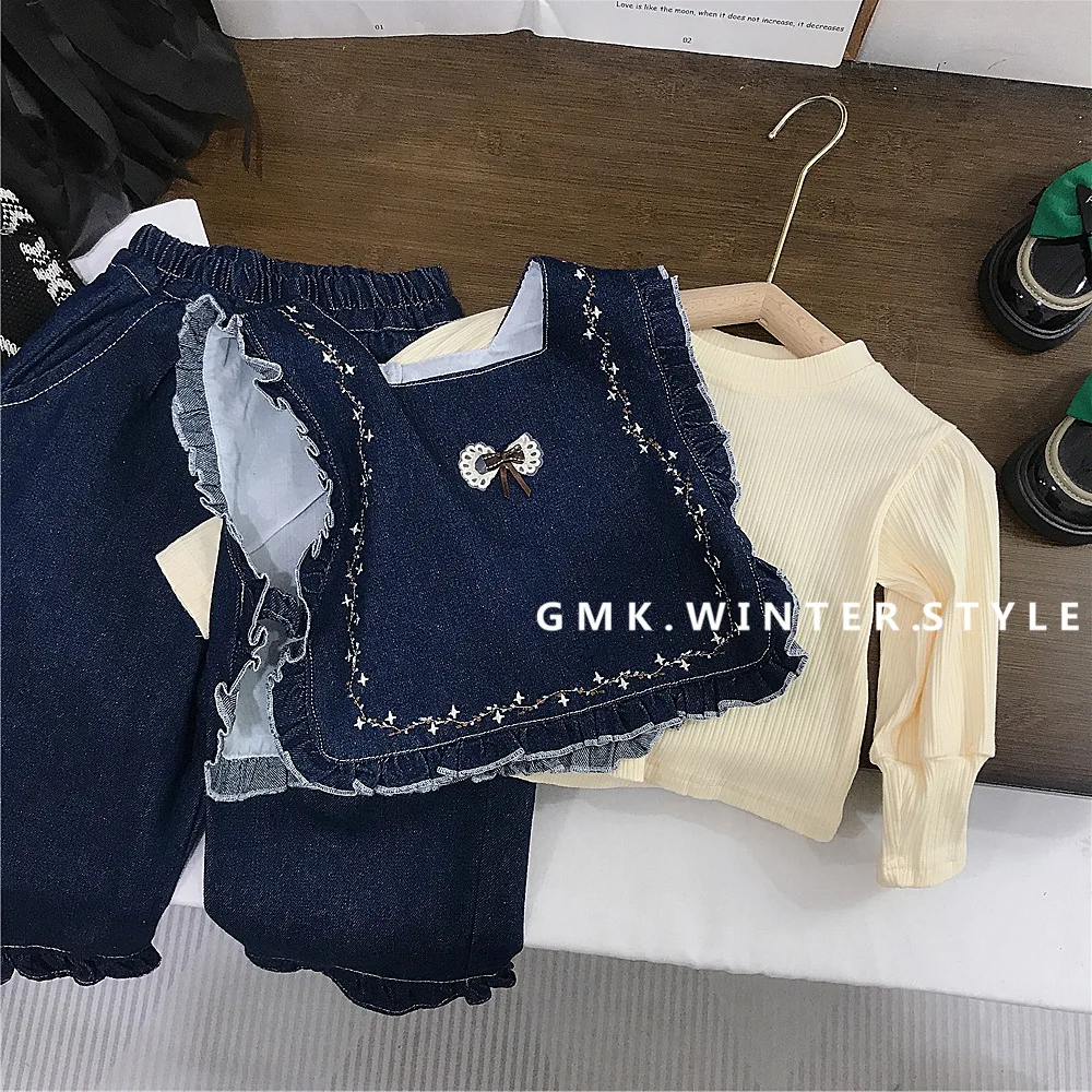 Spring Autumn Children Girl 3PCS Clothes Set 2-8Y Kid Girl Undershirt Bow Denim Vest Suit Solid Baby Girls Straight Jeans Outfit