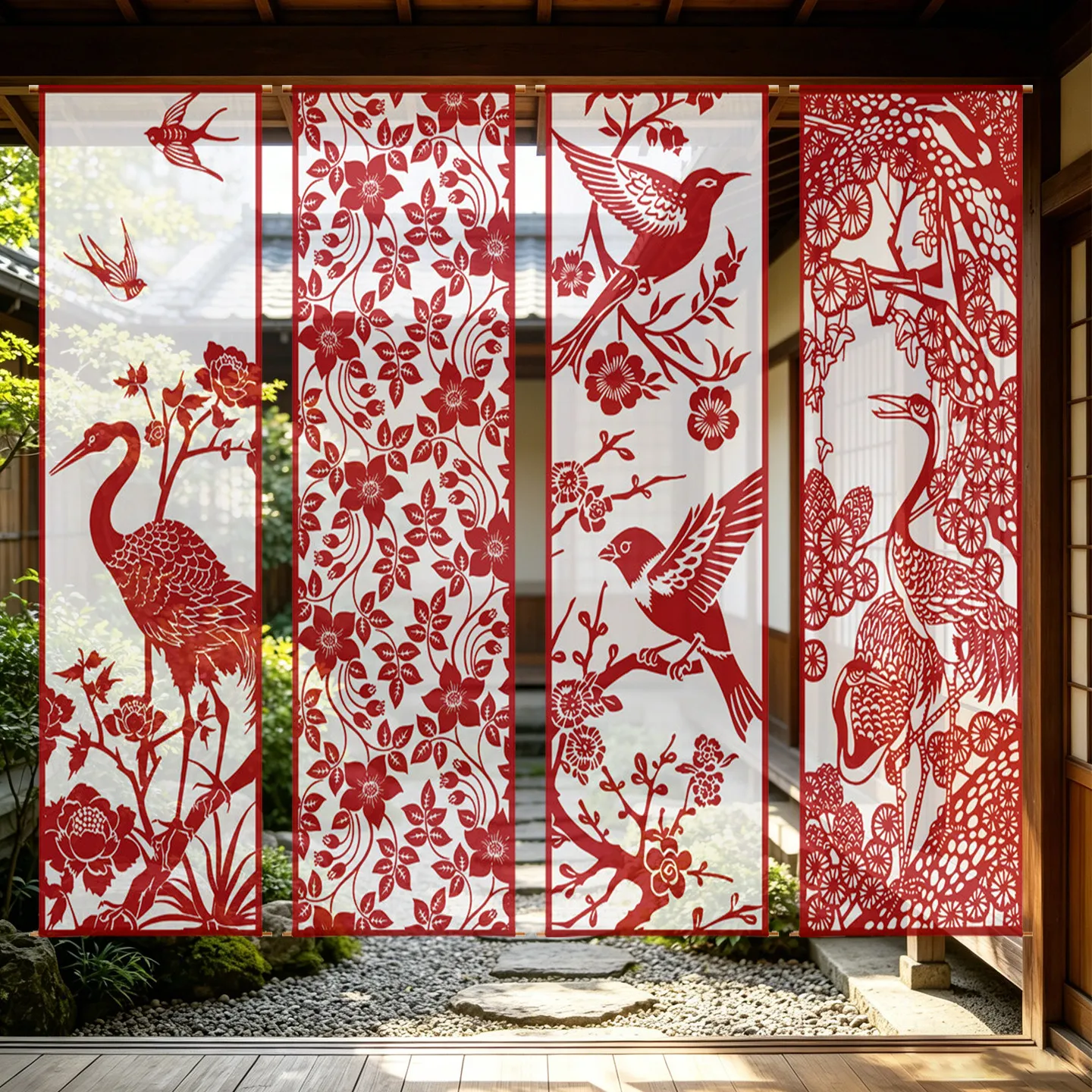 Japanese Noren Curtain - Red Paper Cut Bird & Koi, Semi Transparent Tatami Room Divider Screen for Altar & Shinto Living Room