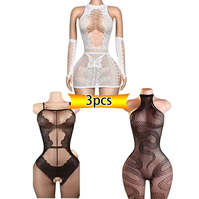 3-Pack Sexy Women's Lingerie: Sheer, Cut-Out Mesh Bodystocking/Teddy – Seductive, See-Through, and Perfect for Dates