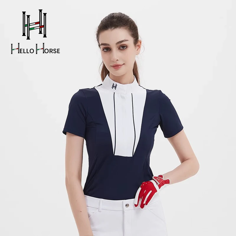 مرحبا الحصان الفروسية تي شيرت ملابس الفروسية الكبار متسابق الملابس الفروسية المنافسة قصيرة الأكمام أعلى تنفس متسابق والعتاد
